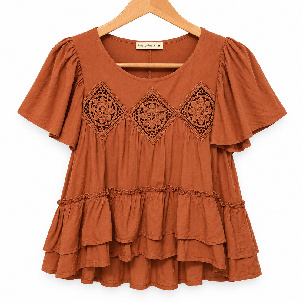 Rusttydustty Top Womens Size Medium Rust Brown Peplum Hem Bohemian Festival NWT